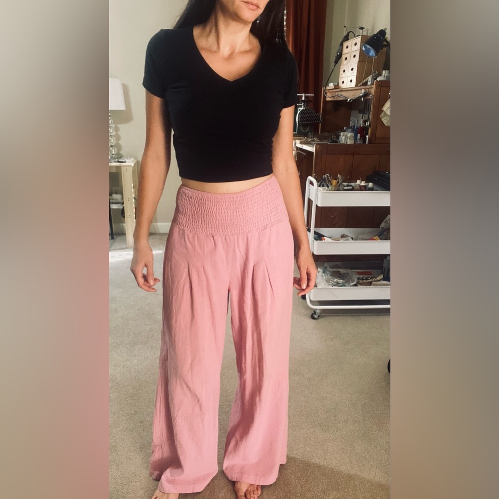 High-Waisted Boho Pink Linen-Cotton Palazzo Pants – Size Small